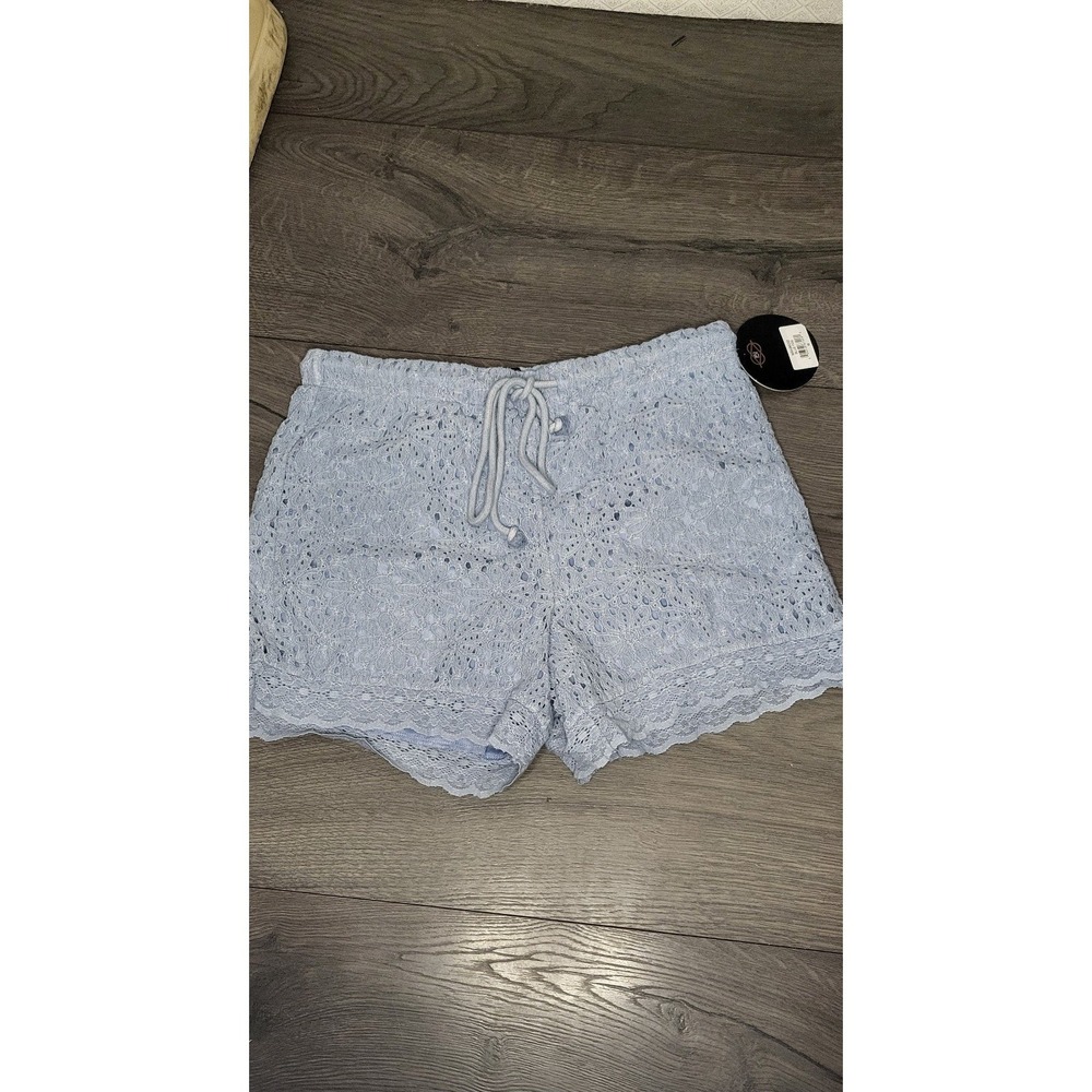 One 5 One Womens Floral Lace Shorts Light Blue Scalloped Hem, Cottagecore Size M